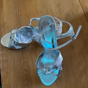 J. Crew Bow platform heeled sandals. Metallic Silver Knot Front Strappy Sandals.